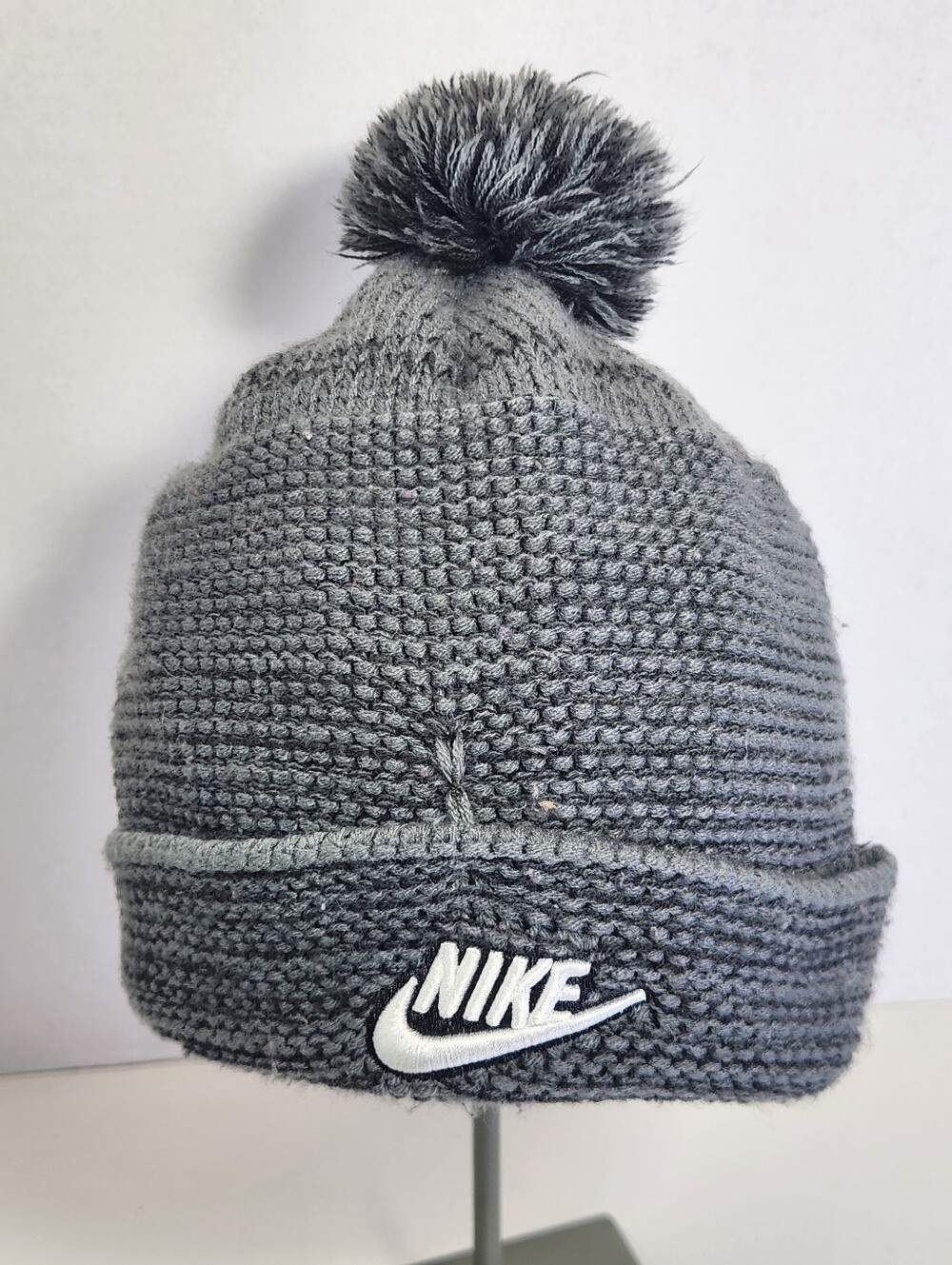 Nike Gray Solid Pom Beanie Knit Cap Hat Unisex One Size Fleece Lined